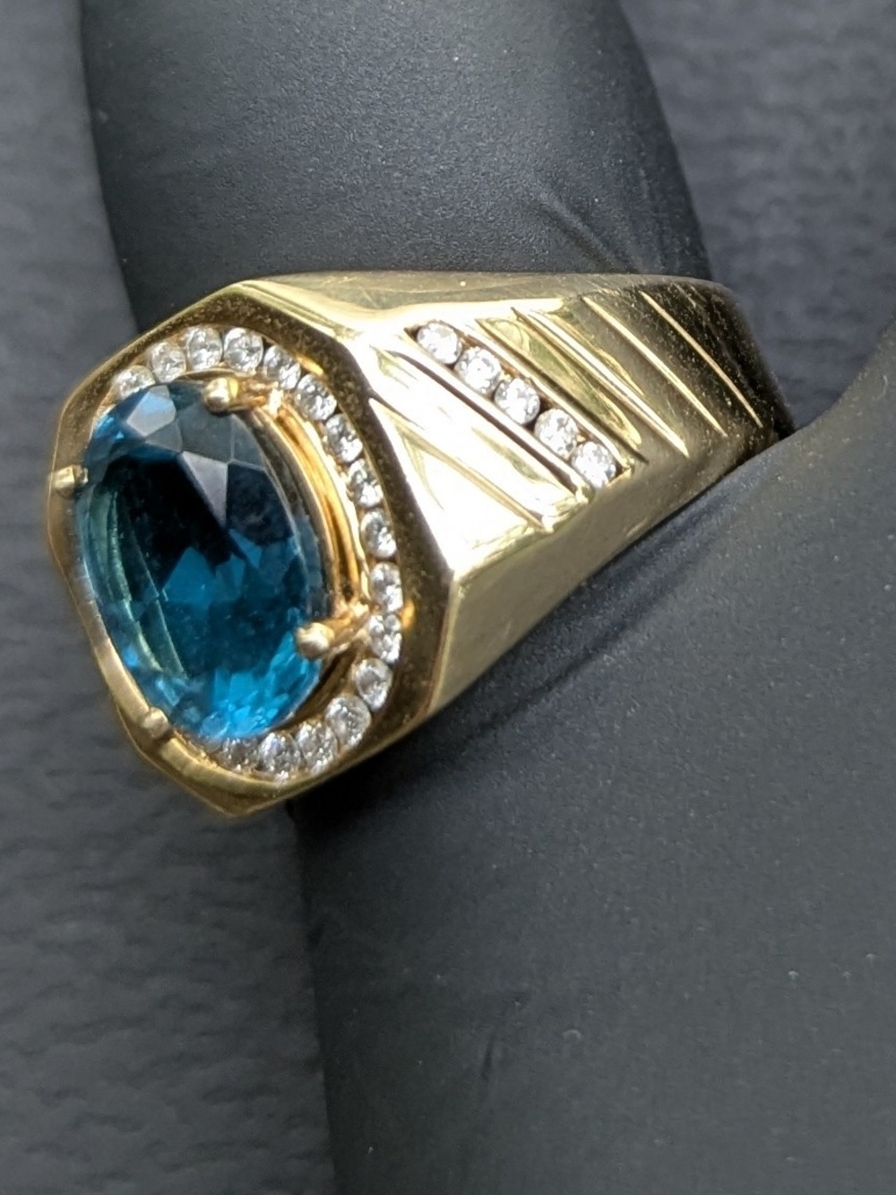 Helzberg Diamonds Gold Ring with Blue Center Stone and Halo - Picture 6 of 12